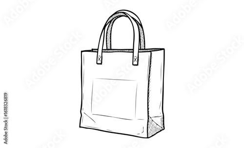 Hand-drawn tote bag sketch with minimalist design and sturdy handles. Vector retro hand drawn illustration