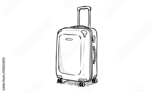 Sketch of wheeled suitcase with telescopic handle on white background. Vector retro hand drawn illustration