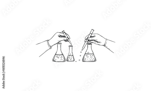 Hands using pipettes and beakers for scientific experimentation. Vector retro hand drawn illustration