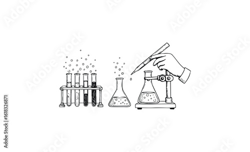 Hand with dropper in chemistry lab with test tubes and beakers. Vector retro hand drawn illustration
