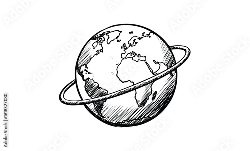 Hand-drawn earth illustration with orbit ring in black and white sketch style. Vector retro hand drawn illustration