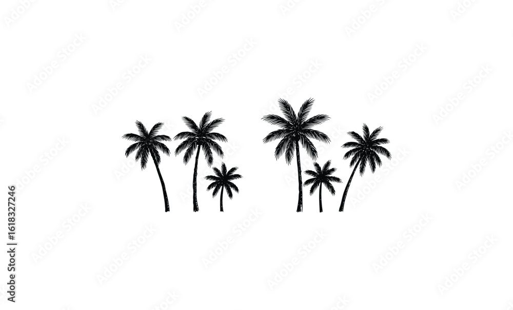 Fototapeta premium Silhouette of six tall palm trees on white background. Vector retro hand drawn illustration