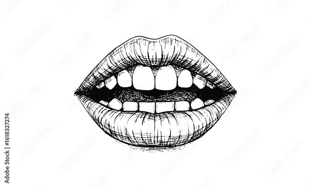 Fototapeta premium Black and white sketch of a smiling mouth with open lips and detailed lines. Vector retro hand drawn illustration