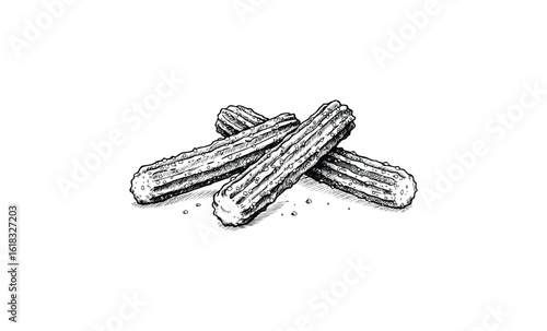 Black and white sketch of churros with granulated sugar detail. Vector retro hand drawn illustration