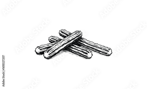 Hand-drawn sketch of traditional spanish churros in black and white. Vector retro hand drawn illustration
