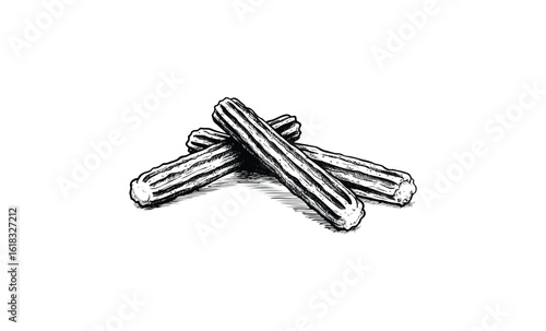 Three hand-drawn churros with shadows in black and white illustration. Vector retro hand drawn illustration