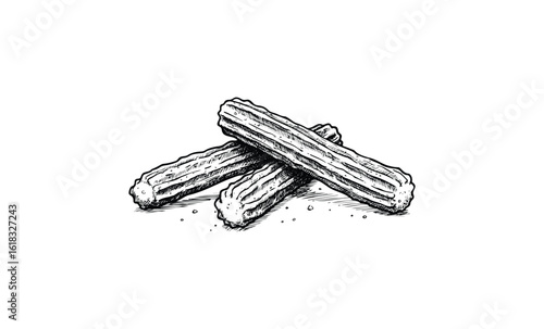 Black and white sketch of three churros with crumbs on white background. Vector retro hand drawn illustration