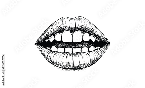 Black and white sketch of a smiling mouth with open lips and detailed lines. Vector retro hand drawn illustration