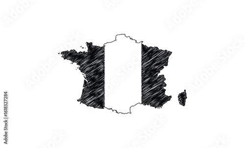 France map outline with hatched nigerian flag overlay. Vector retro hand drawn illustration