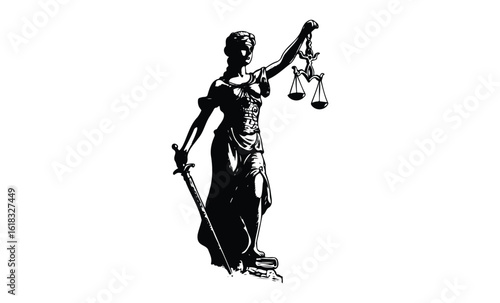 Lady justice holding scales and sword in classical pose. Vector retro hand drawn illustration