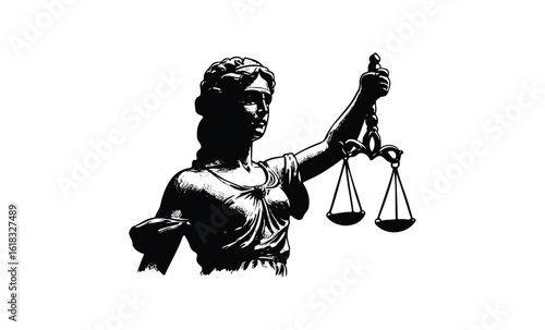 Illustration of blindfolded lady justice holding scales of justice. Vector retro hand drawn illustration