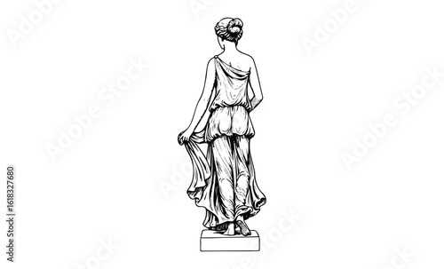 Elegant roman statue of female figure in draped garment from behind. Vector retro hand drawn illustration