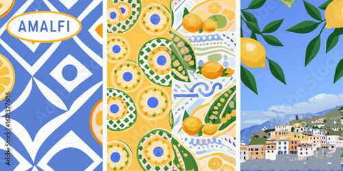 Amalfi coast italian village and citrus fruit patterns