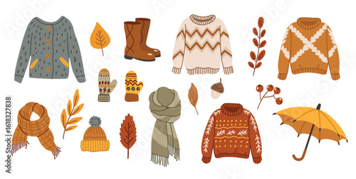 Autumn clothes set, different fashion cozy collection. Warm seasonal clothes, cozy seasonal art