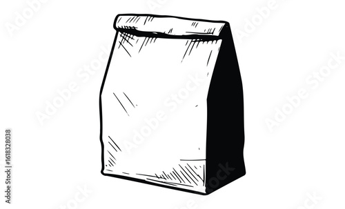 Hand-drawn paper lunch bag sketch with crumpled texture. Vector retro hand drawn illustration