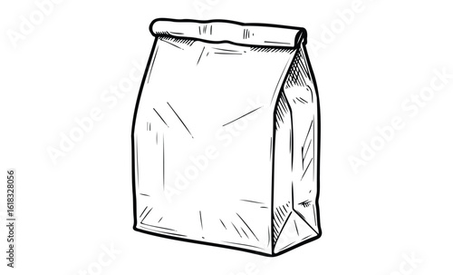 Simple sketch of a folded paper bag in black and white. Vector retro hand drawn illustration