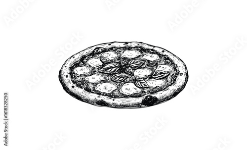 Hand-drawn margherita pizza with basil and cheese on white background. Vector retro hand drawn illustration