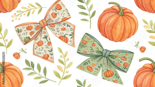 Watercolor with alternating blue pumpkins and bows beautifully background