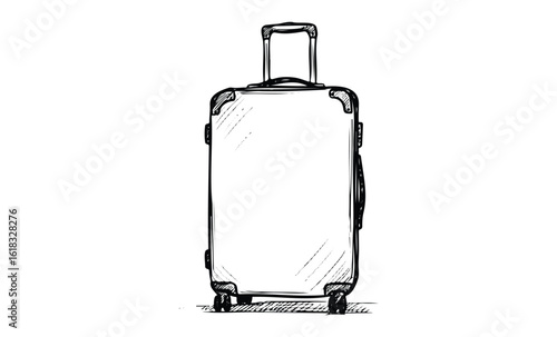 Sketch of a wheeled suitcase with telescopic handle in black and white. Vector retro hand drawn illustration
