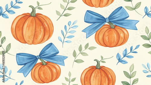 Watercolor with alternating blue pumpkins and bows beautifully background
