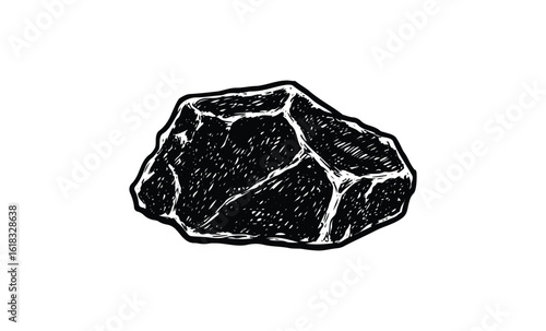 Detailed black and white drawing of a single rock on white background. Vector retro hand drawn illustration