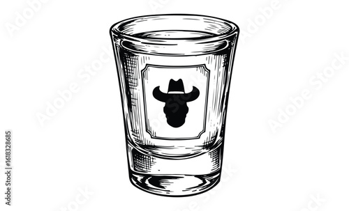 Hand-drawn shot glass with cowboy hat emblem in vintage style. Vector retro hand drawn illustration