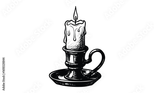 Monochrome drawing of a melting candle in a handle holder. Vector retro hand drawn illustration