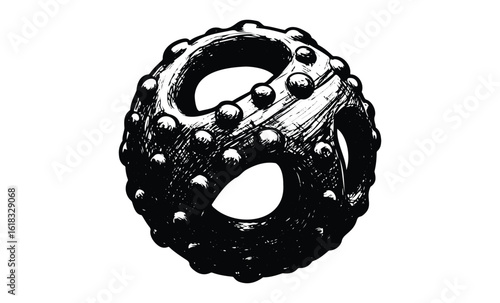 Intricate black and white geometric sphere with textured surface and holes. Vector retro hand drawn illustration