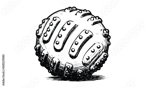 Detailed black and white sketch of textured bumpy ball with intricate patterns. Vector retro hand drawn illustration
