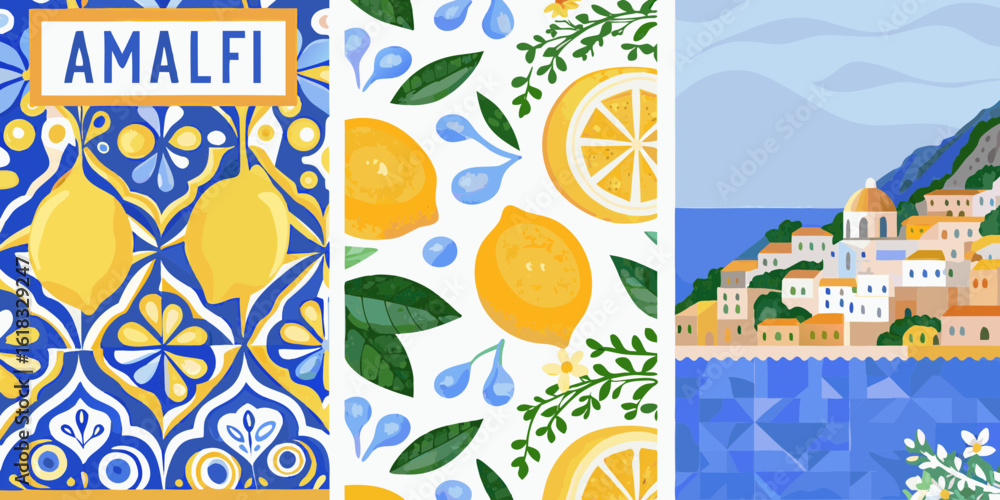 Amalfi coast italy illustration with lemons and mediterranean tiles
