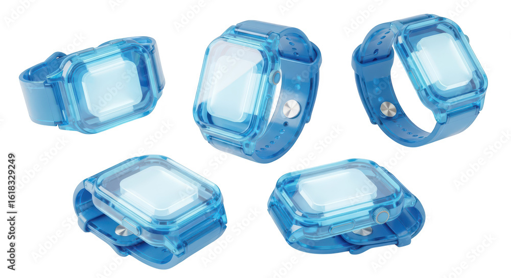 Obraz premium Five transparent blue smartwatches in an angled arrangement set against a plain white background suggesting technology design and protection