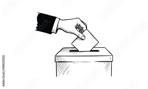 Hand casting vote: black and white illustration of a voting process with ballot box. Vector retro hand drawn illustration