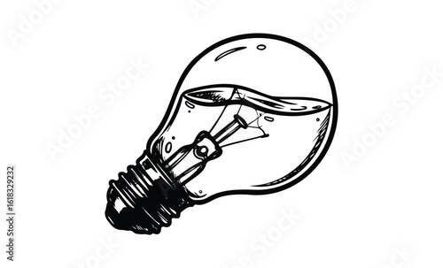 Illustration of a classic light bulb with filament in detailed black and white style. Vector retro hand drawn illustration