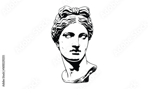 Classic greco-roman sculpture female bust with serene expression and hair bow. Vector retro hand drawn illustration
