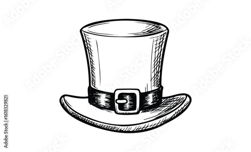 Black and white sketch of a vintage top hat with a buckle. Vector retro hand drawn illustration