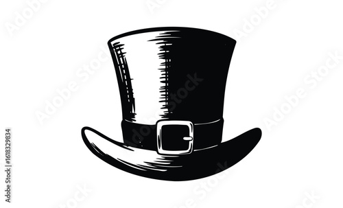 Vintage top hat illustration with belt buckle in black and white. Vector retro hand drawn illustration