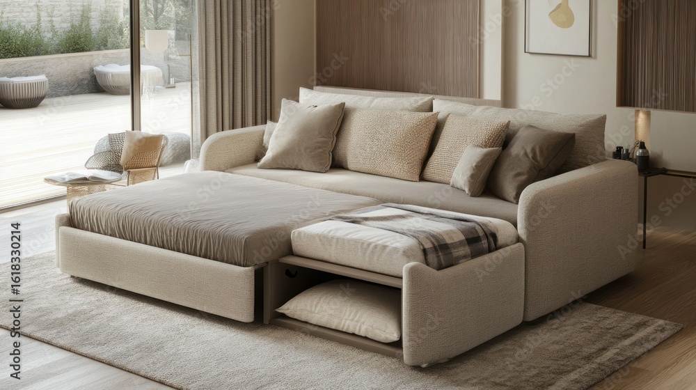 Fototapeta premium Beige sofa bed with storage, nestled in a modern living space. Open plan, natural light, soft furnishings