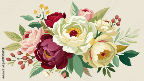 Elegant bouquet of peonies and berries in soft colors