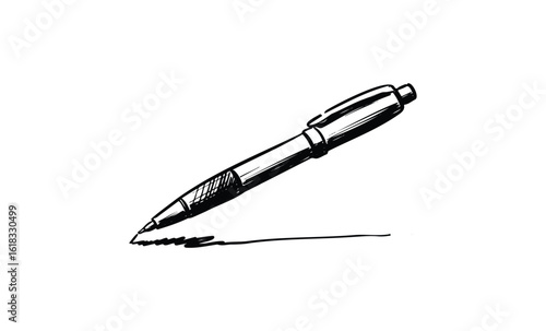 Black and white sketch of a ballpoint pen with shadow on white background. Vector retro hand drawn illustration
