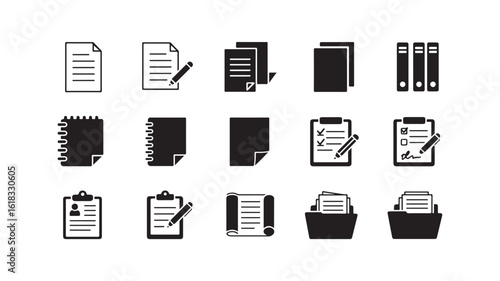 Document icons set: papers, notebooks, folders, binders