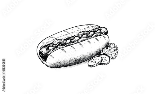 Hand-drawn hot dog with pickles and lettuce illustration. Vector retro hand drawn illustration