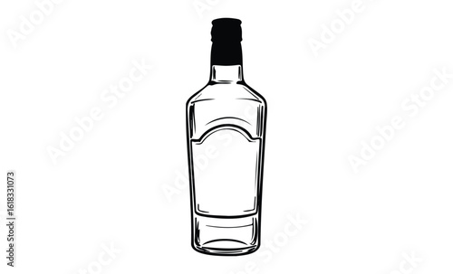 Black and white outline of a tall glass bottle with a long neck. Vector retro hand drawn illustration