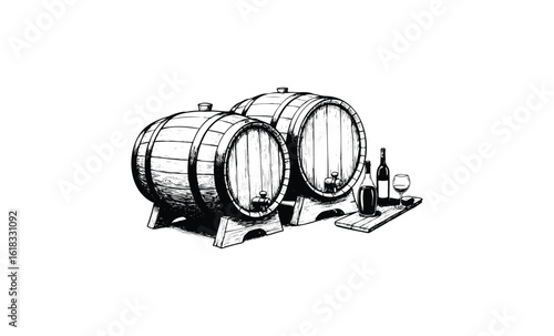 Wooden wine barrels with bottles and glasses illustrating vintage winery scene. Vector retro hand drawn illustration