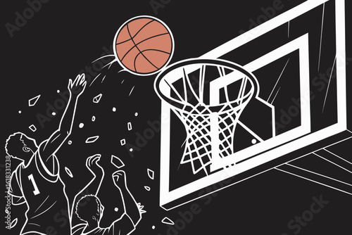 Basketball players jumping for a slam dunk.