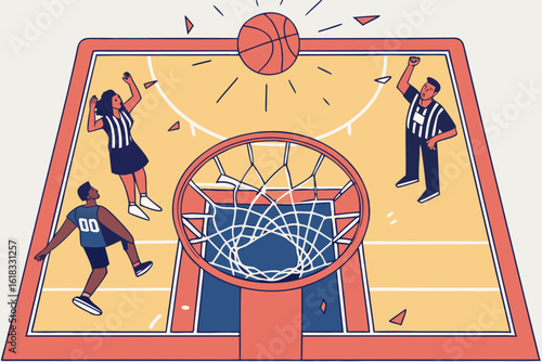 Basketball Game Action with Players and Referee.