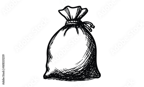 Hand-drawn burlap sack with drawstring on white background. Vector retro hand drawn illustration