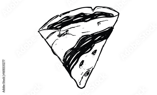 Black and white sketch of a pizza slice with toppings. Vector retro hand drawn illustration