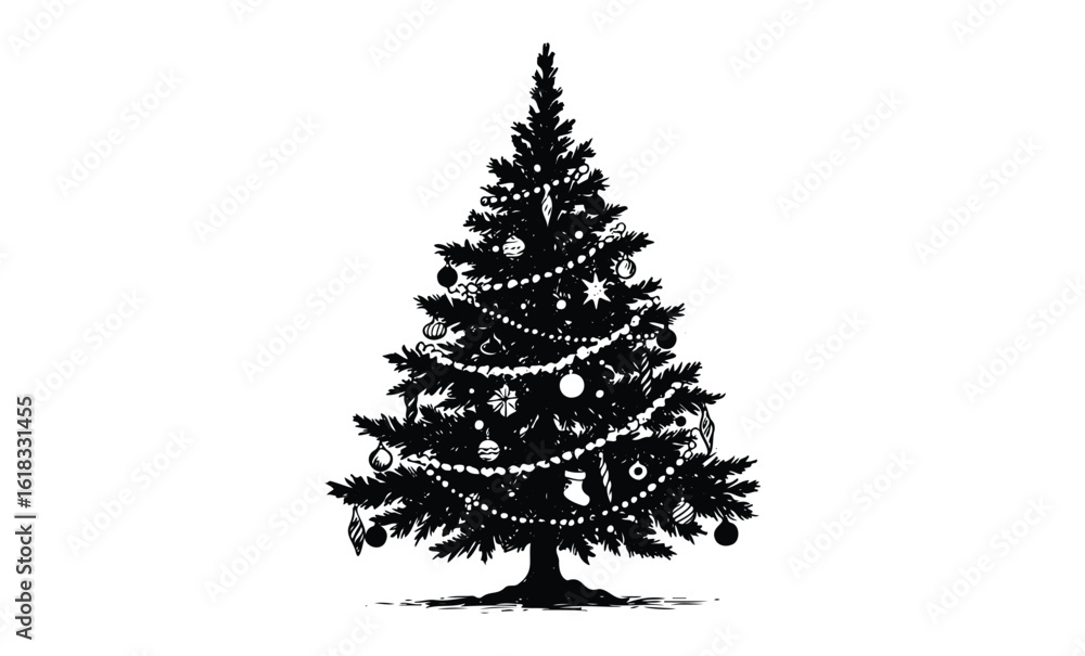 Fototapeta premium Silhouette of decorated christmas tree with ornaments and garland. Vector retro hand drawn illustration