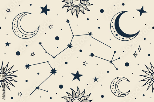 Celestial Moon Stars Sun Constellation Pattern.