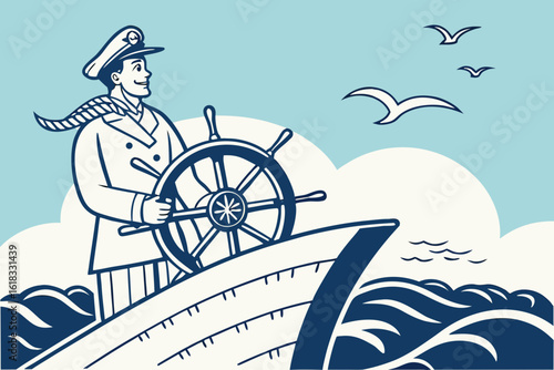 Cheerful Captain Steering Ship Through Waves.